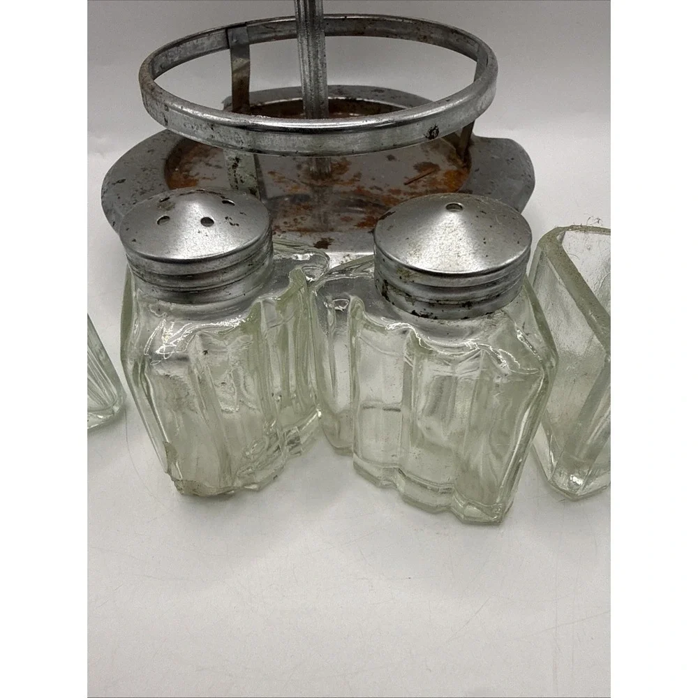 Vintage Cruet Condiment Metal & Glass Set Salt/Pepper, Oil, Sugar With Stand